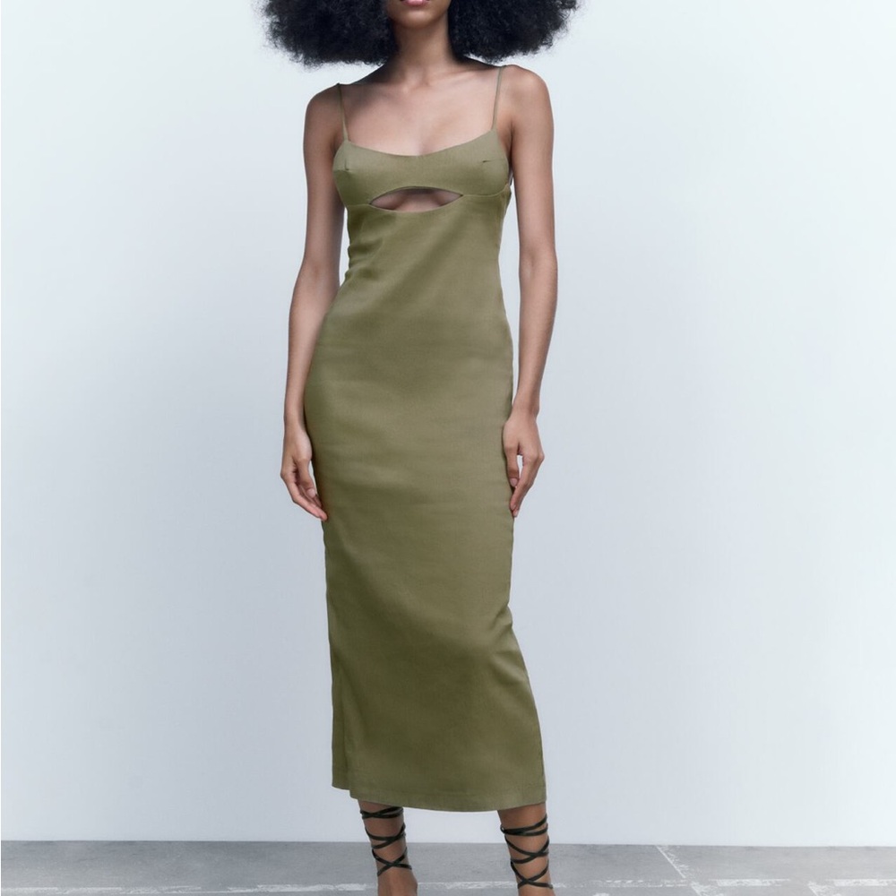 Zara Green Light Khaki Cut Out Linen Blend Dress XS